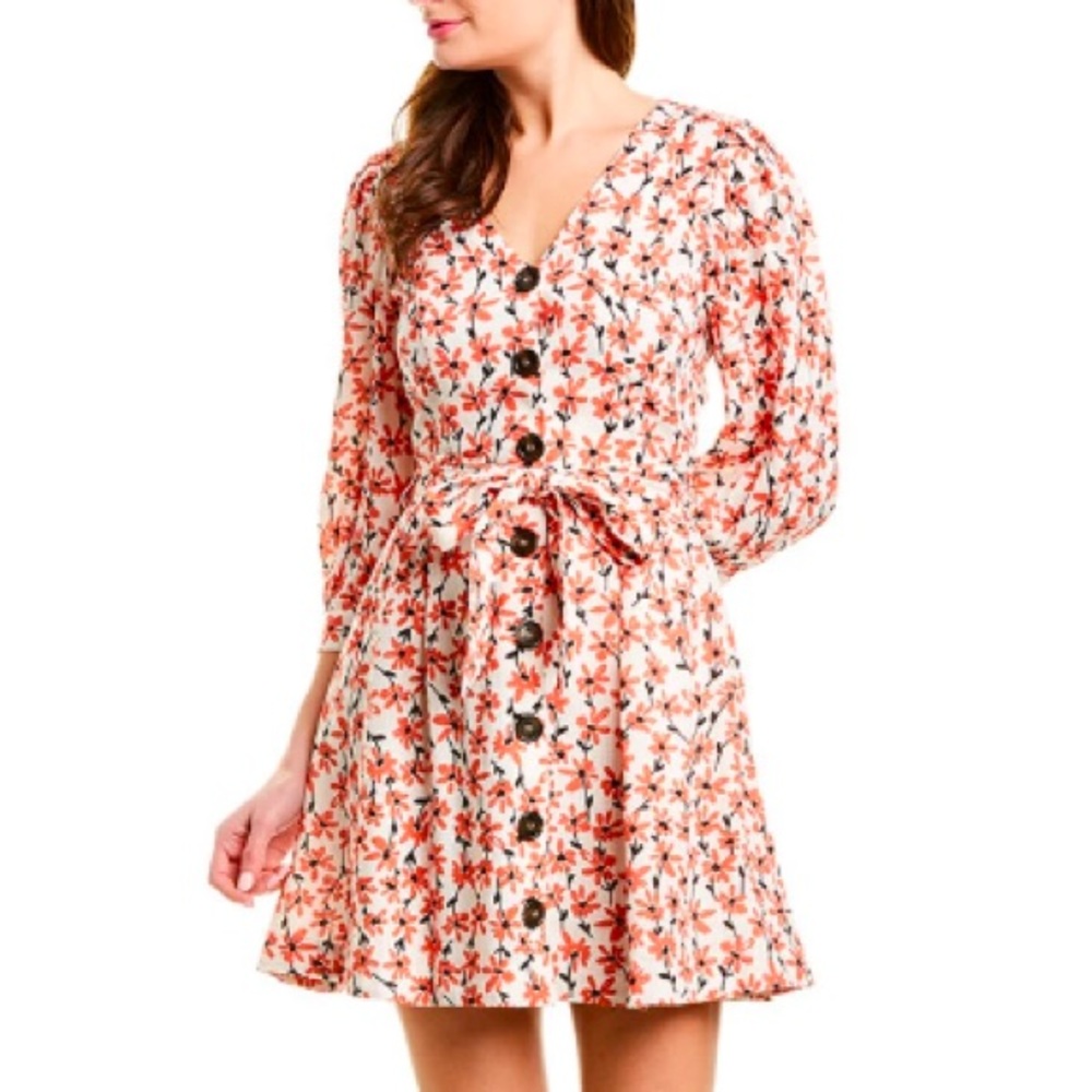 Alexia Admor Dress 12 White Red Floral Ditsy Print Linen Blend 3/4 Sleeve Mini